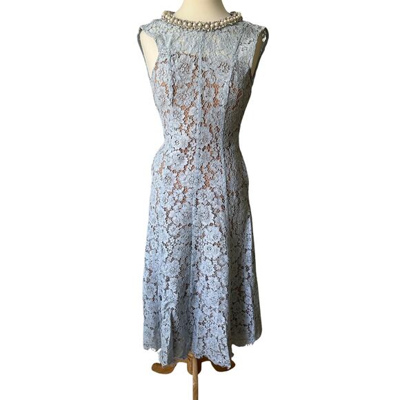 Self-Portrait Blue Fine Lace Pearl Midi Dress - Picture 6 of 14